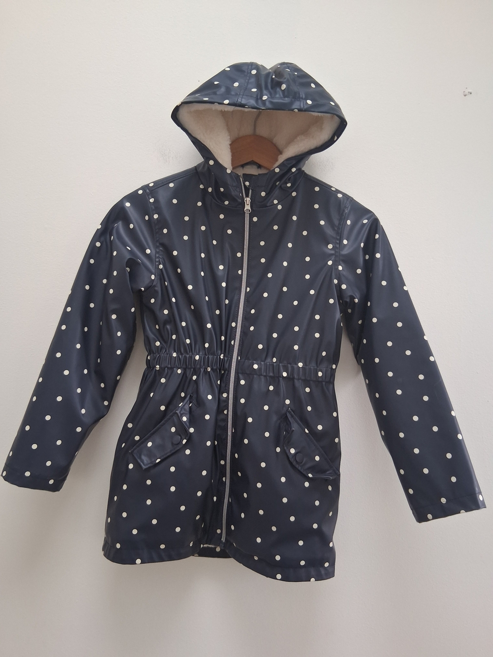 C&C California Girl's Navy Polka Dot Hooded Raincoat Size 10 Years